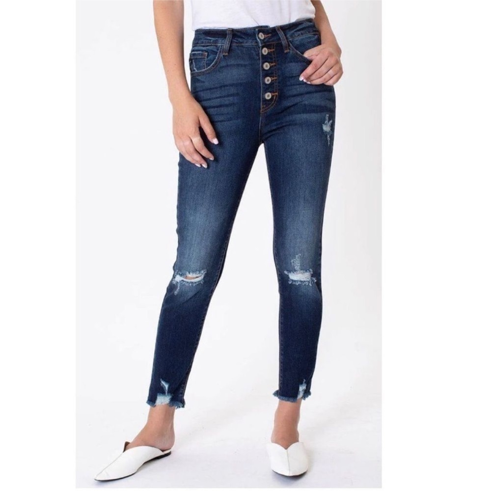 Kancan Tilly Button Fly High Rise Distressed Skinny Leg Ankle Crop Denim Jeans